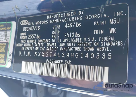 2017 Kia Optima Lx from USA, damaged, VIN 5XXGT4L39HG140335